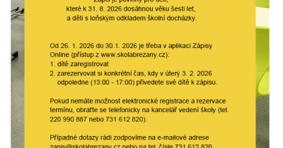 Informace k zápisu do 1. třídy 2026/2027